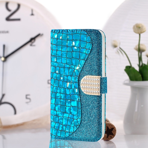 

For iPhone 12 / 12 Pro Laser Glitter Powder Matching Crocodile Texture Horizontal Flip Leather Case with Card Slots & Holder & Wallet(Blue)