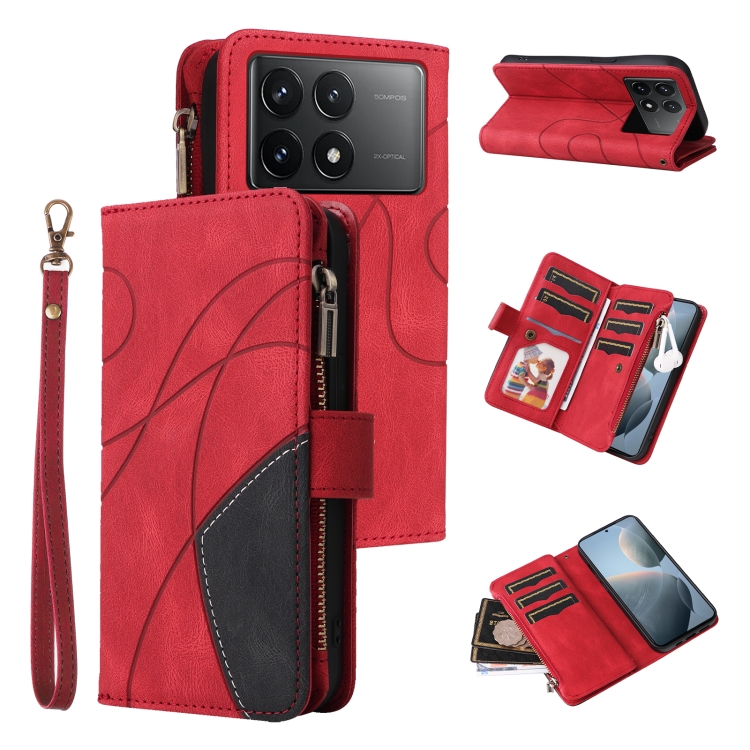 

For Redmi K70 Dual-color 9 Card Slots Zipper Wallet Leather Phone Case(Red)