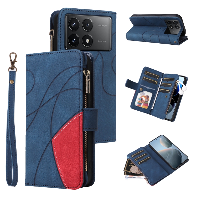 

For Redmi K70 Dual-color 9 Card Slots Zipper Wallet Leather Phone Case(Blue)