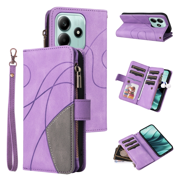 

For Redmi Note 14 5G Dual-color 9 Card Slots Zipper Wallet Leather Phone Case(Purple)
