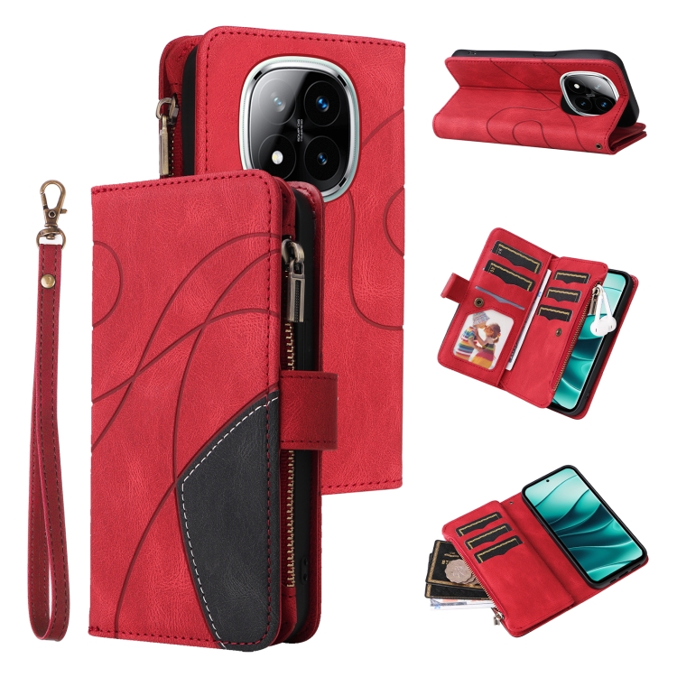 

For Redmi Note 14 Pro / 14 Pro+ 5G Dual-color 9 Card Slots Zipper Wallet Leather Phone Case(Red)