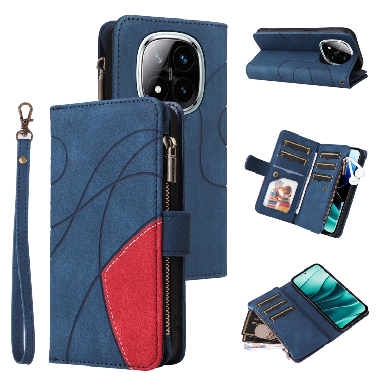 

For Redmi Note 14 Pro / 14 Pro+ 5G Dual-color 9 Card Slots Zipper Wallet Leather Phone Case(Blue)