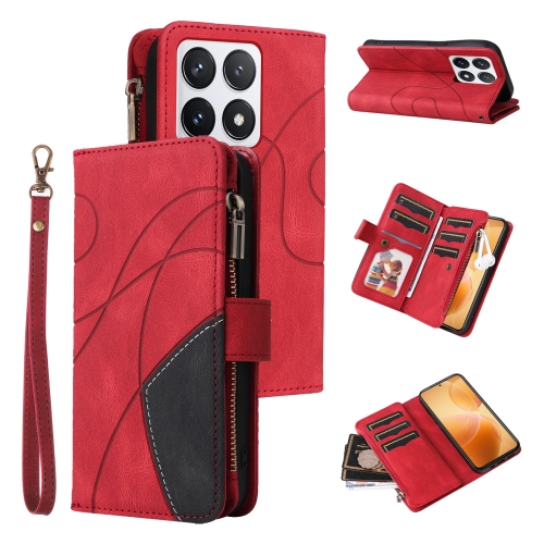 

For Xiaomi 14T Pro Dual-color 9 Card Slots Zipper Wallet Leather Phone Case(Red)