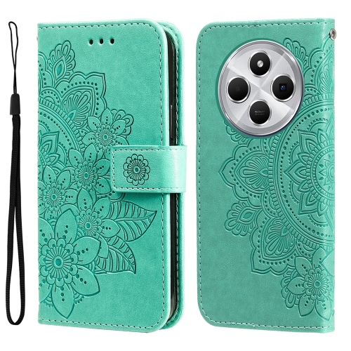 

For Redmi 14C 4G Seven-petal Flowers Embossing Leather Phone Case(Green)