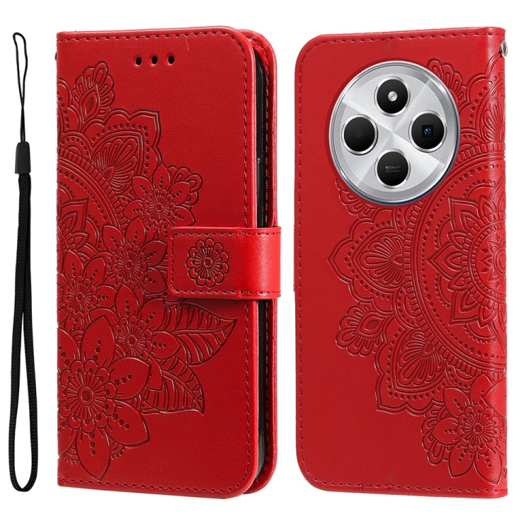 

For Redmi 14C 4G Seven-petal Flowers Embossing Leather Phone Case(Red)