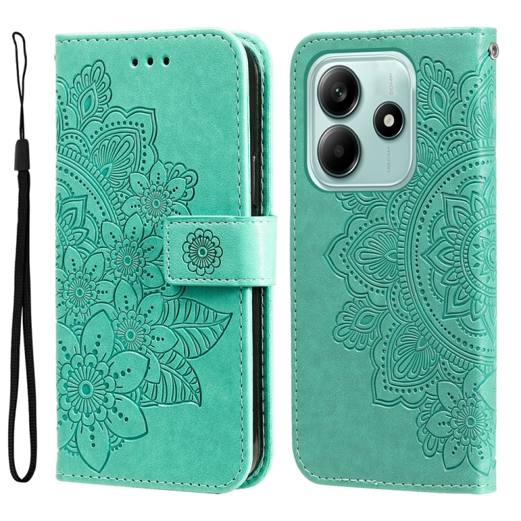 

For Redmi Note 14 5G Seven-petal Flowers Embossing Leather Phone Case(Green)