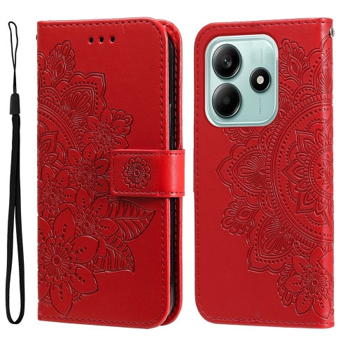 

For Redmi Note 14 5G Seven-petal Flowers Embossing Leather Phone Case(Red)