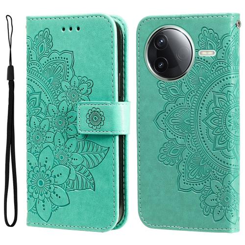 

For Redmi K80 Seven-petal Flowers Embossing Leather Phone Case(Green)