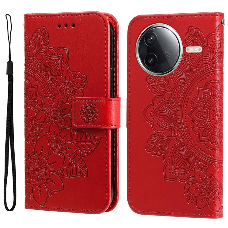 

For Redmi K80 Seven-petal Flowers Embossing Leather Phone Case(Red)