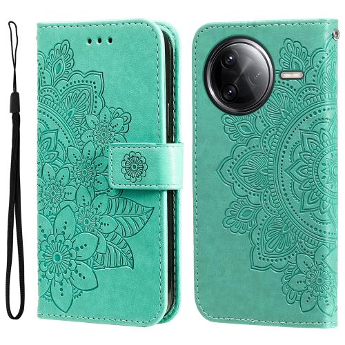 

For Redmi K80 Pro Seven-petal Flowers Embossing Leather Phone Case(Green)