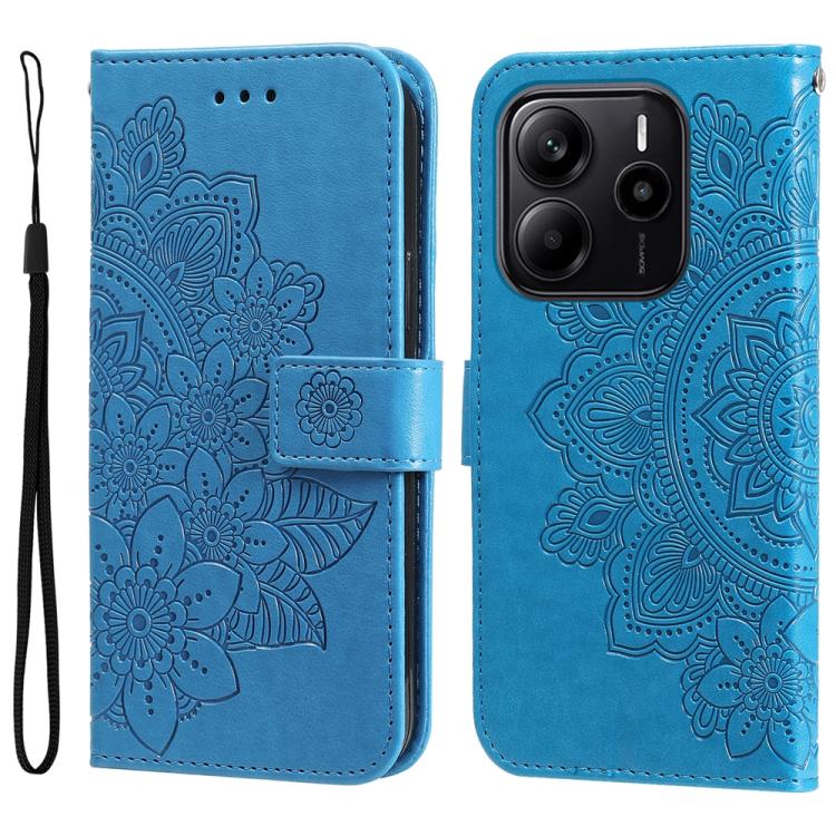 

For Redmi Note 14 4G 163.25mm Global Seven-petal Flowers Embossing Leather Phone Case(Blue)