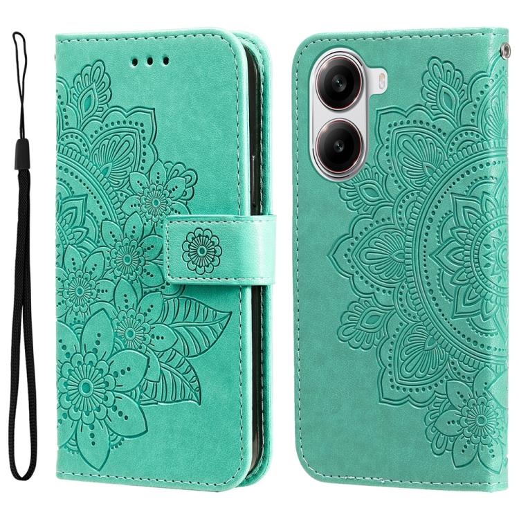 

For Redmi Turbo 4 / Xiaomi Poco X7 Pro Seven-petal Flowers Embossing Leather Phone Case(Green)