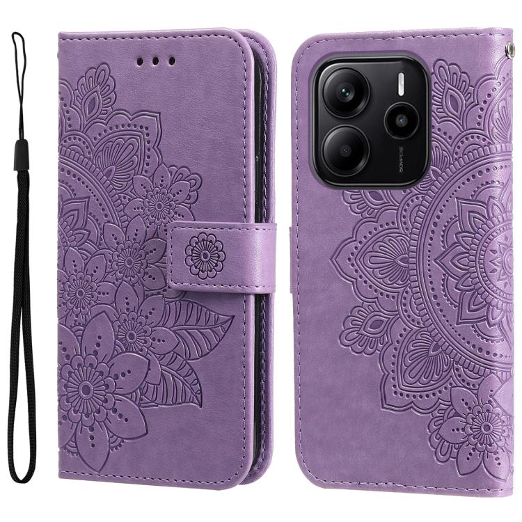 

For Redmi Note 14 4G 164.84mm Seven-petal Flowers Embossing Leather Phone Case(Light Purple)