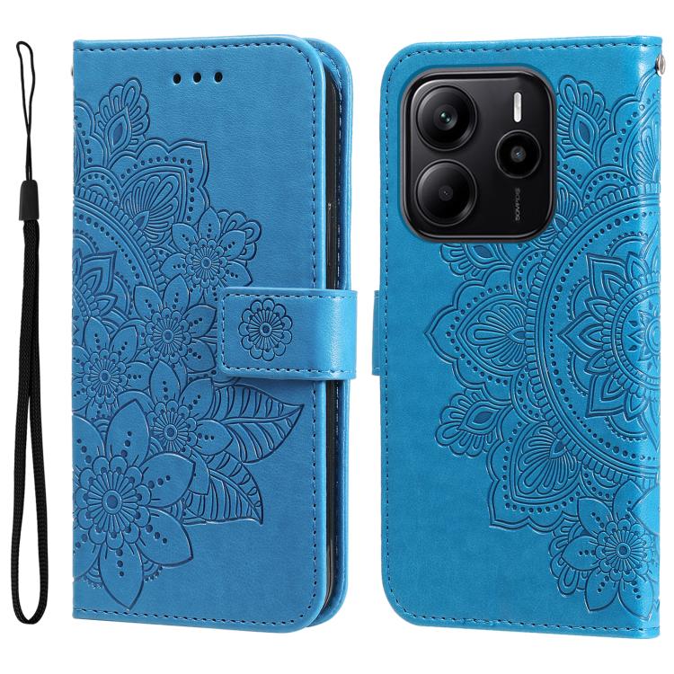 

For Redmi Note 14 4G 164.84mm Seven-petal Flowers Embossing Leather Phone Case(Blue)