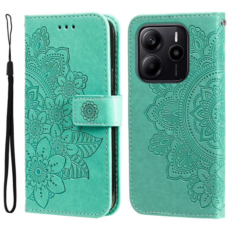 

For Redmi Note 14 4G 164.84mm Seven-petal Flowers Embossing Leather Phone Case(Green)