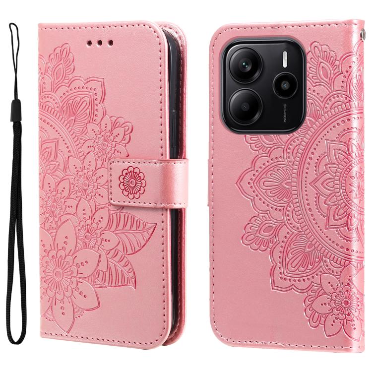

For Redmi Note 14 4G 164.84mm Seven-petal Flowers Embossing Leather Phone Case(Rose Gold)
