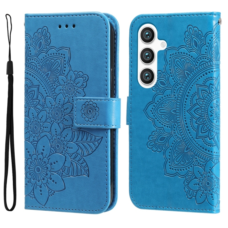

For Samsung Galaxy S25 5G Seven-petal Flowers Embossing Leather Phone Case(Blue)
