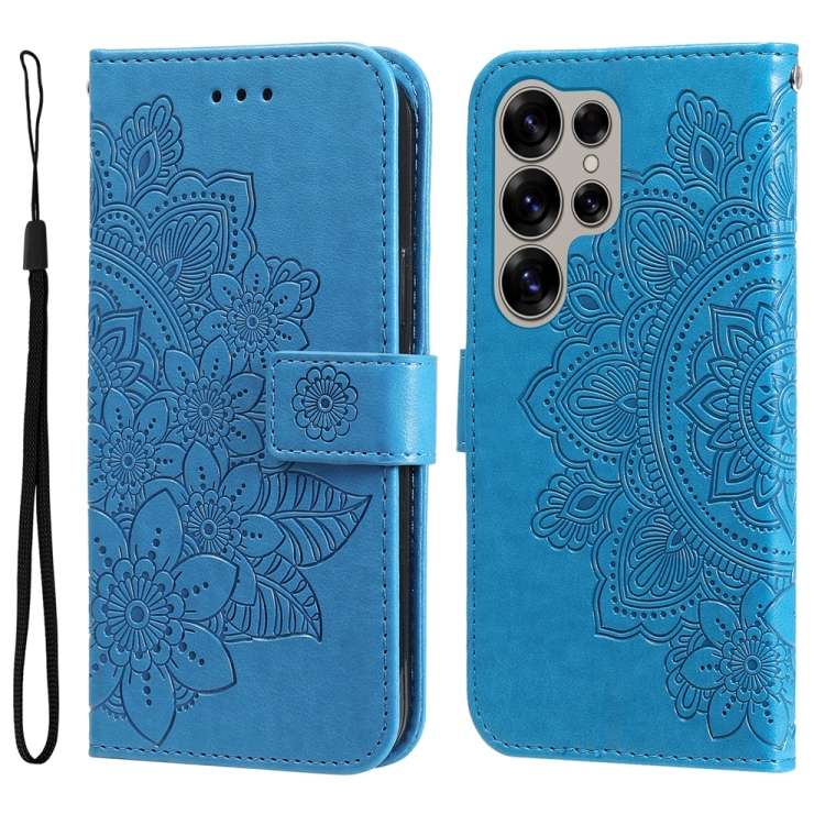 

For Samsung Galaxy S25 Ultra 5G Seven-petal Flowers Embossing Leather Phone Case(Blue)