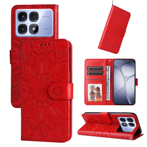 

For Redmi K70 Ultra Embossed Sunflower Leather Phone Case(Red)