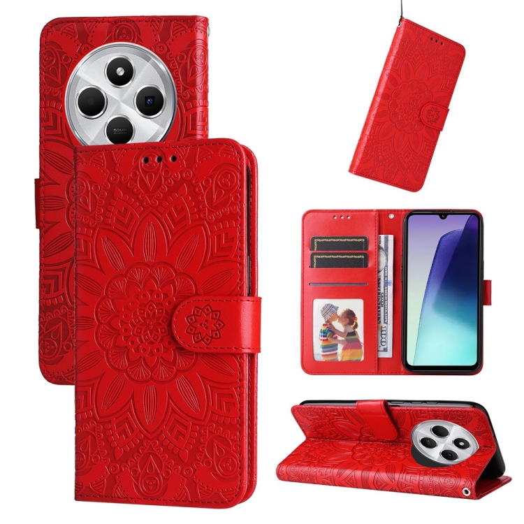 

For Redmi 14C 4G Embossed Sunflower Leather Phone Case(Red)