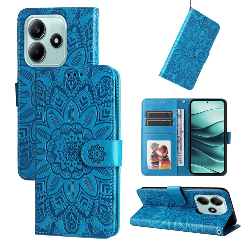 

For Redmi Note 14 5G Embossed Sunflower Leather Phone Case(Blue)