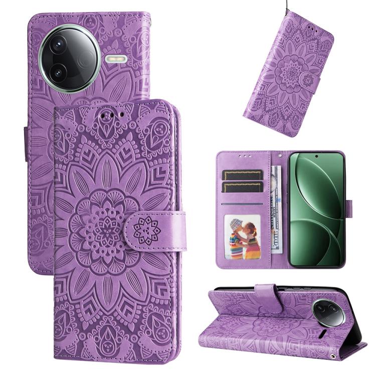 

For Redmi K80 Embossed Sunflower Leather Phone Case(Purple)