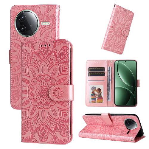 

For Redmi K80 Embossed Sunflower Leather Phone Case(Rose Gold)