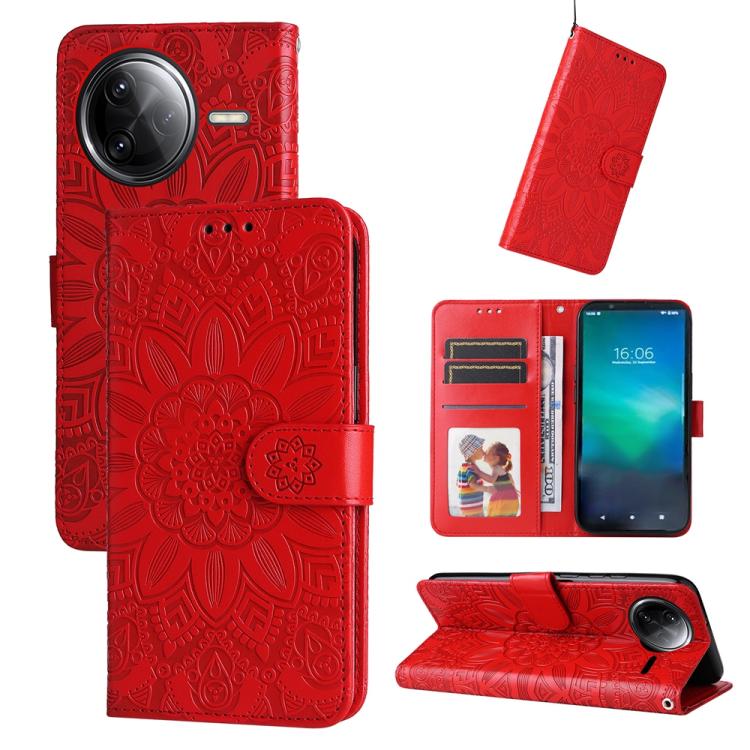 

For Redmi K80 Pro Embossed Sunflower Leather Phone Case(Red)