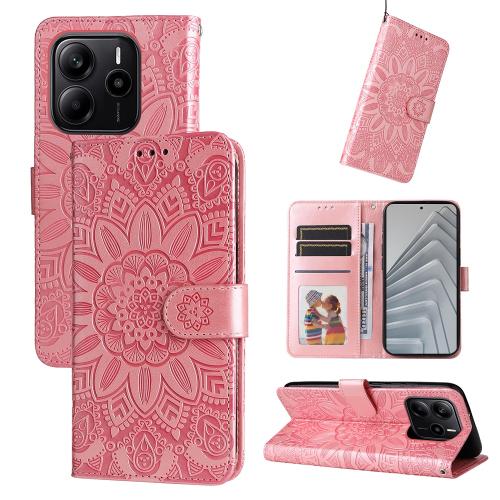 

For Redmi Note 14 4G 163.25mm Global Embossed Sunflower Leather Phone Case(Rose Gold)