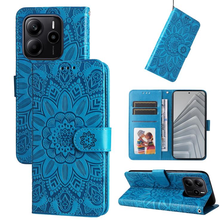 

For Redmi Note 14 4G 164.84mm Embossed Sunflower Leather Phone Case(Blue)