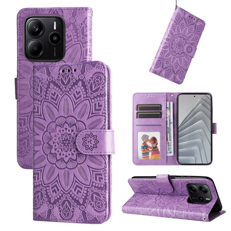 

For Redmi Note 14 4G 164.84mm Embossed Sunflower Leather Phone Case(Purple)