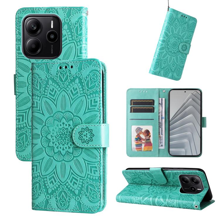 

For Redmi Note 14 4G 164.84mm Embossed Sunflower Leather Phone Case(Green)