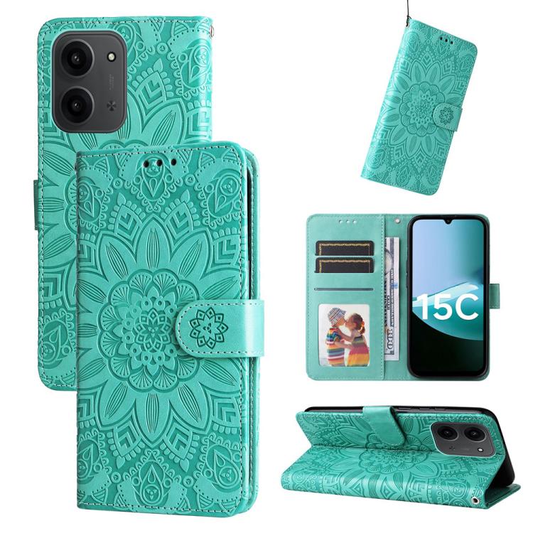 

For Redmi 15C 5G / 4G EU 173mm / Poco C85 5G Embossed Sunflower Leather Phone Case(Green)