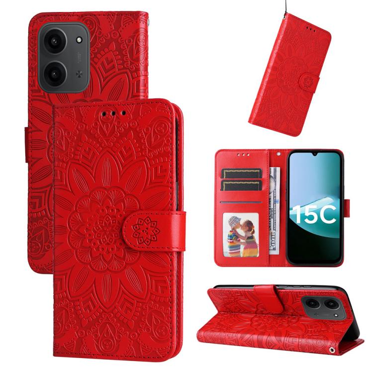 

For Redmi 15C 5G / 4G Global 171mm / Poco C85 4G Embossed Sunflower Leather Phone Case(Red)