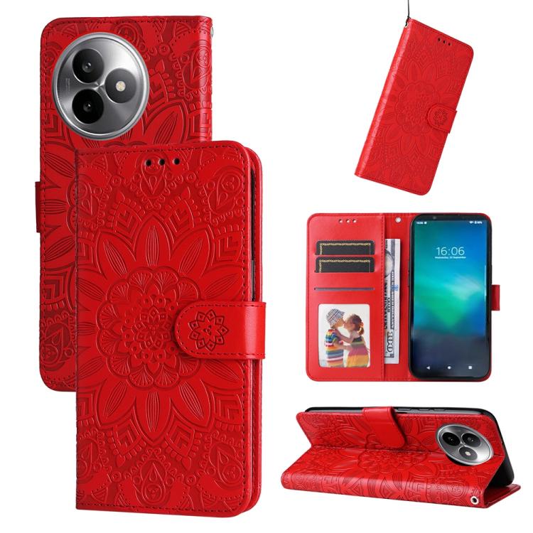 

For Redmi K80 Ultra Embossed Sunflower Leather Phone Case(Red)