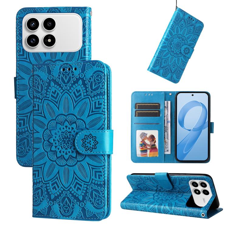 

For Redmi K90 / Xiaomi Poco F8 Pro 5G Embossed Sunflower Leather Phone Case(Blue)