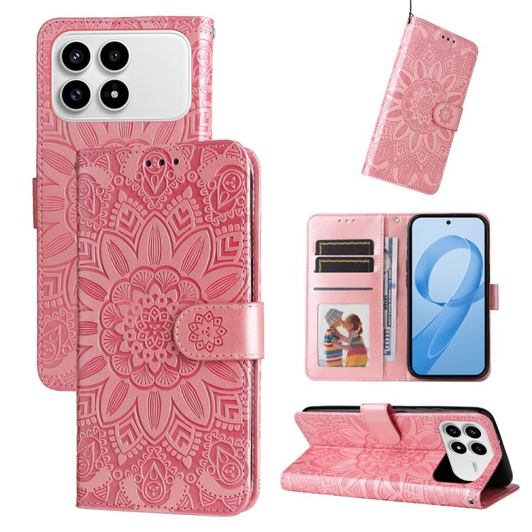 

For Redmi K90 / Xiaomi Poco F8 Pro 5G Embossed Sunflower Leather Phone Case(Rose Gold)