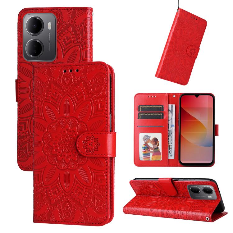 For Redmi 15a 5G Embossed Sunflower Leather Phone Case(Red)