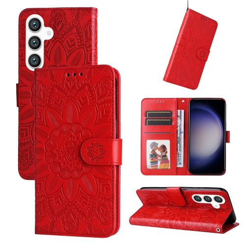 

For Samsung Galaxy S25+ 5G Embossed Sunflower Leather Phone Case(Red)