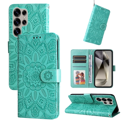 

For Samsung Galaxy S25 Ultra 5G Embossed Sunflower Leather Phone Case(Green)