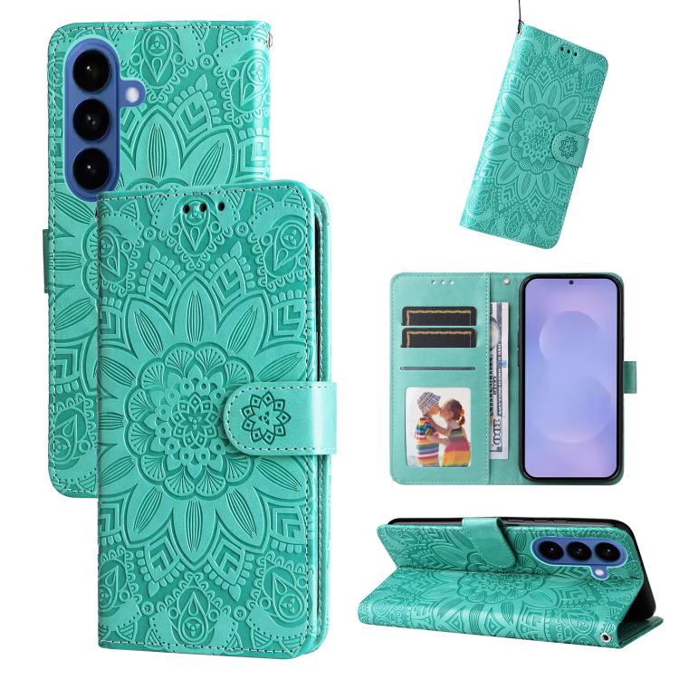 

For Samsung Galaxy S26 5G Embossed Sunflower Leather Phone Case(Green)
