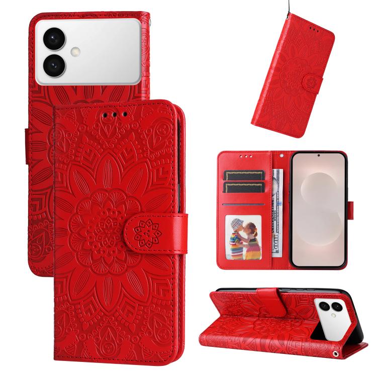

For Samsung Galaxy S26 Edge 5G Embossed Sunflower Leather Phone Case(Red)