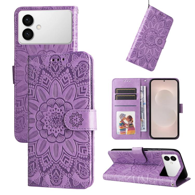 

For Samsung Galaxy S26 Edge 5G Embossed Sunflower Leather Phone Case(Purple)