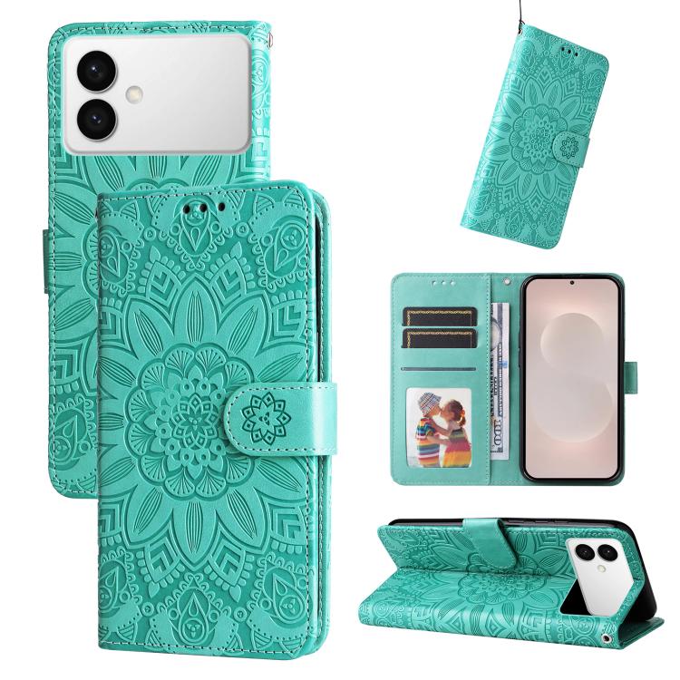 

For Samsung Galaxy S26 Edge 5G Embossed Sunflower Leather Phone Case(Green)