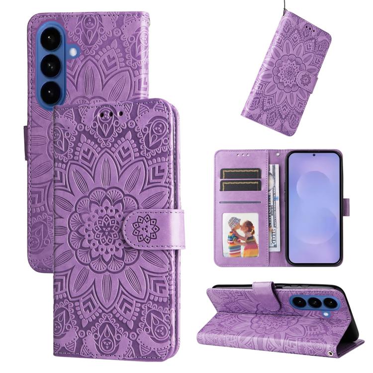 For Galaxy S26+ 5G Embossed Sunflower Leather Phone Case(Purple)