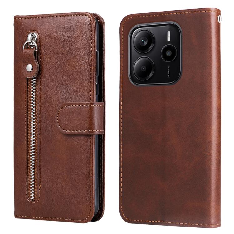 

For Redmi Note 14 4G 163.25mm Global Fashion Calf Texture Zipper Leather Phone Case(Brown)