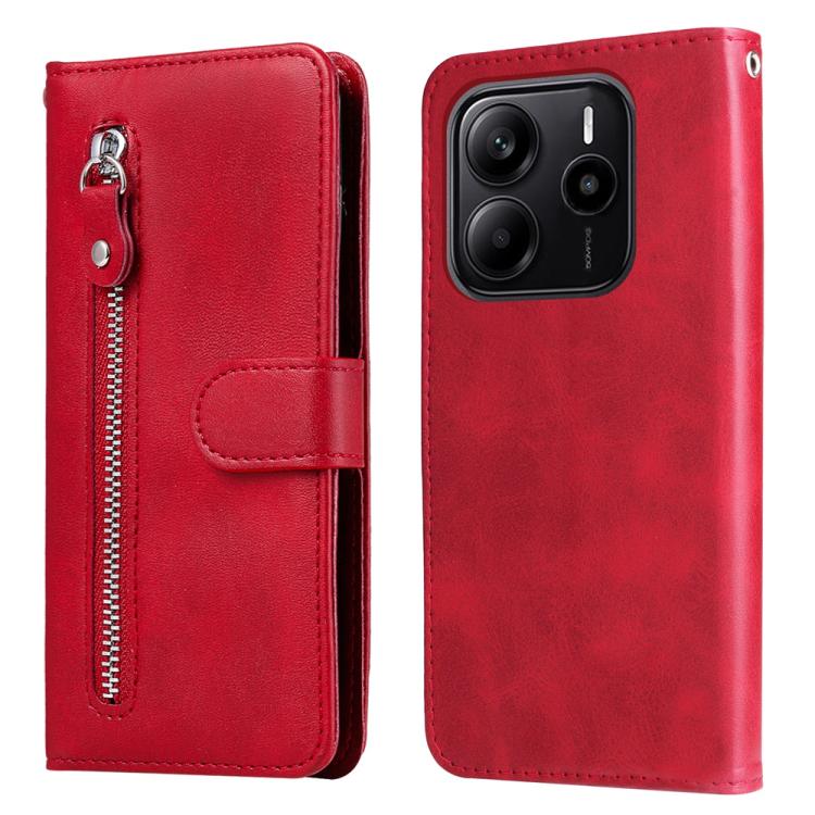 

For Redmi Note 14 4G 163.25mm Global Fashion Calf Texture Zipper Leather Phone Case(Red)