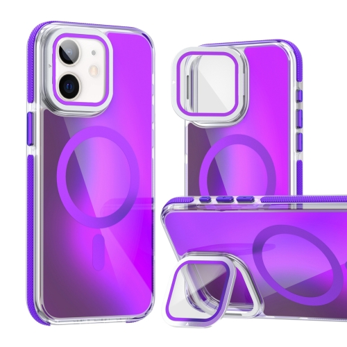 

For iPhone 11 MagSafe Gradient Color Lens Film Phone Case with Lens Fold Holder(Purple)