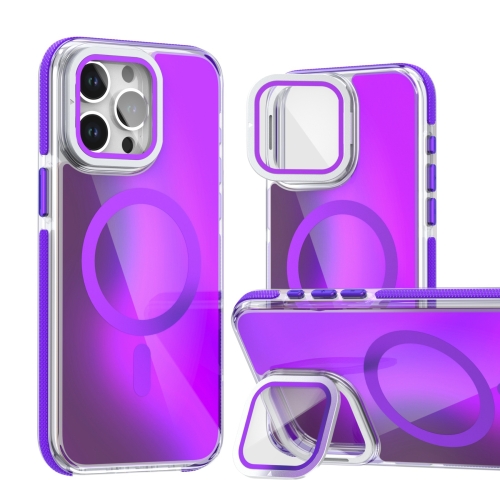 

For iPhone 13 Pro Max MagSafe Gradient Color Lens Film Phone Case with Lens Fold Holder(Purple)