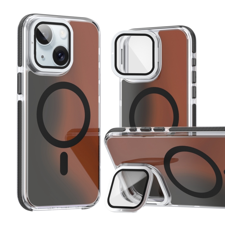 

For iPhone 15 MagSafe Gradient Color Lens Film Phone Case with Lens Fold Holder(Black)